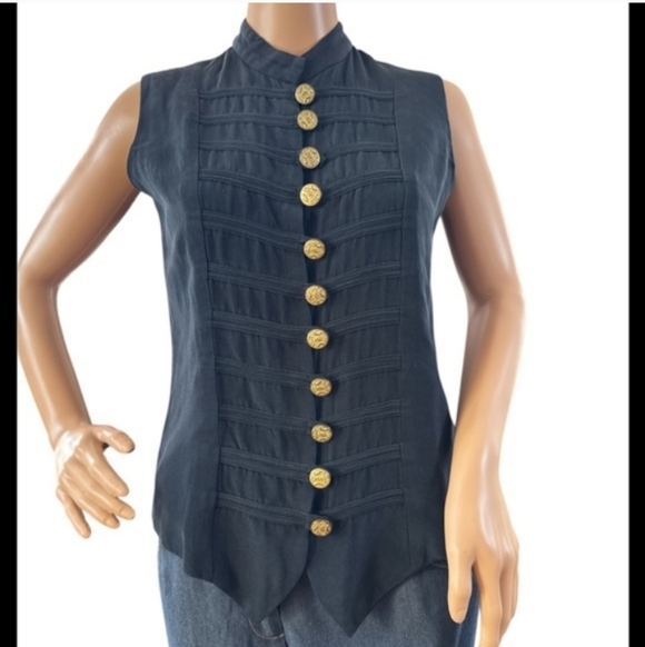 CLIO Black Sleeveless Top with Gold Buttons size small Black Sleeveless Top - Picture 2 of 6